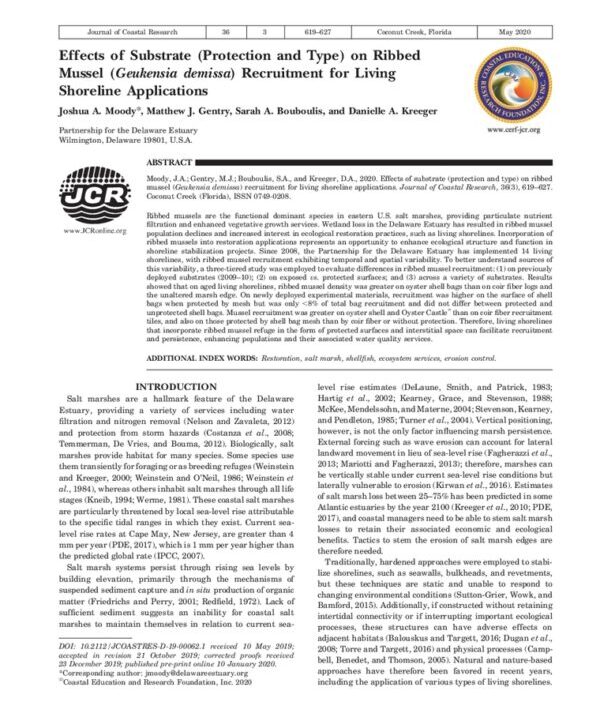 Effects of Substrate (Protection and Type) on Ribbed Mussel (Geukensia demissa) Recruitment for Living Shoreline Applications report