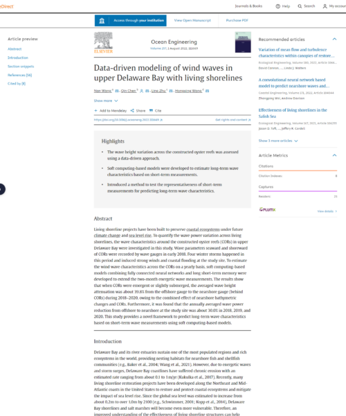 Data-driven modeling of wind waves in upper Delaware Bay with living shorelines study