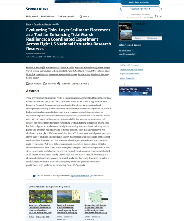 Evaluating Thin-Layer Sediment Placement as a Tool for Enhancing Tidal Marsh Resilience: a Coordinated Experiment Across Eight US National Estuarine Research Reserves report