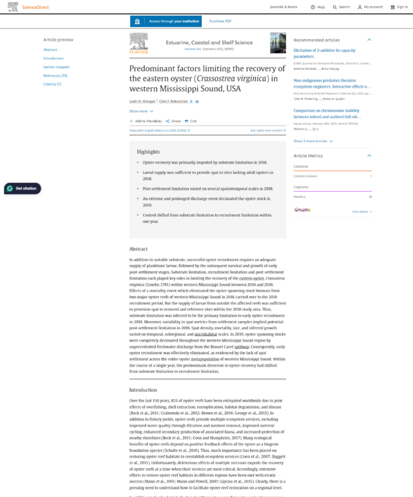 Predominant factors limiting the recovery of the eastern oyster (Crassostrea virginica) in western Mississippi Sound, USA