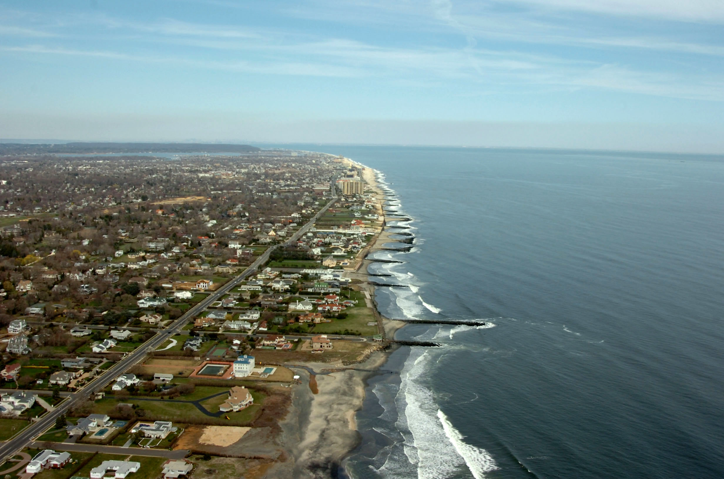 An aerial view of a coastal community